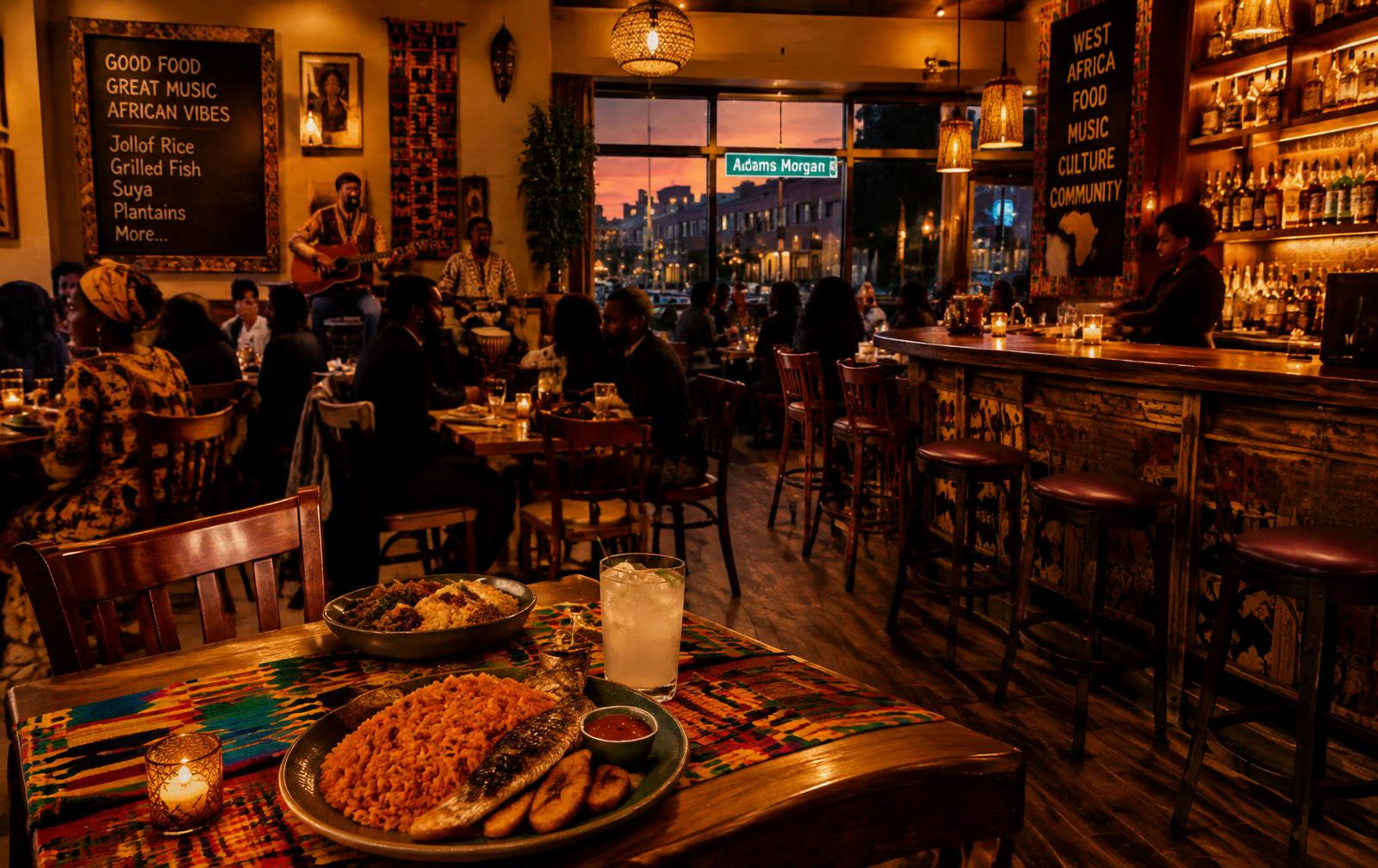Inside Bukom Cafe at dusk